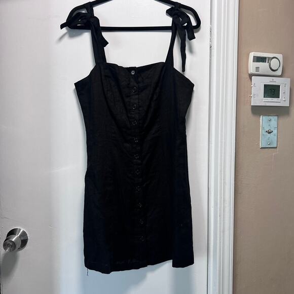 ✨Forever 21 Black Linen Blend Button Front Dress Women Large Tie Strap Sundress - Picture 2 of 9